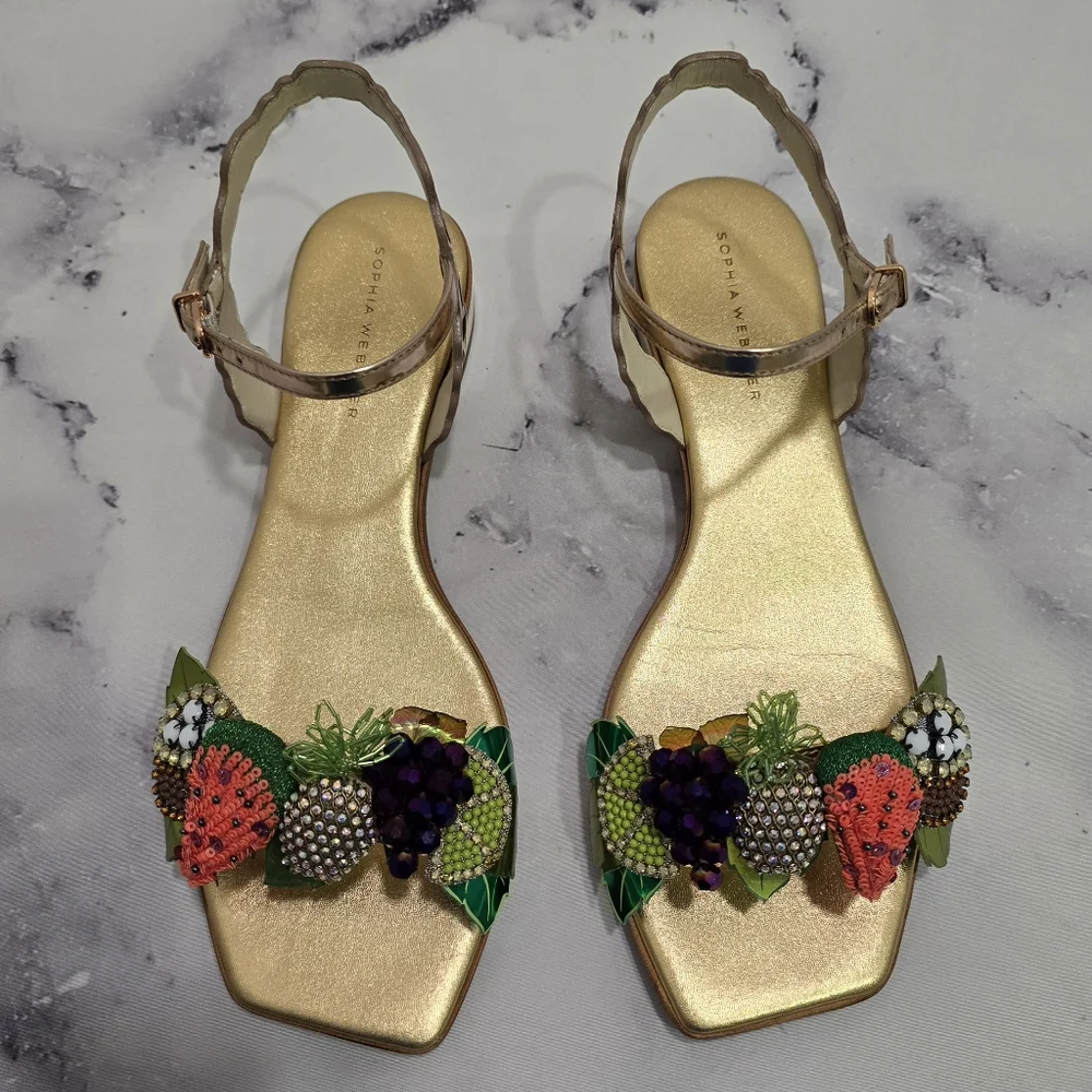 🍉🍍 SOPHIA WEBSTER 🍇🍋 Lilico Fruit Flat Sandal Rose Gold - EU 38.5 - HTF EUC